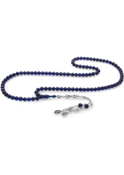 Kararmaz Metal Su Damlası Püsküllü Küre Kesim Lacivert Sıkma Kehribar 99LUK Tesbih