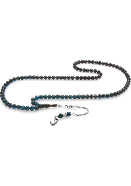 925 Ayar Gümüş Püsküllü Küre Kesim Süzme Turkuaz-Siyah Ateş Kehribar 99LUK Tesbih