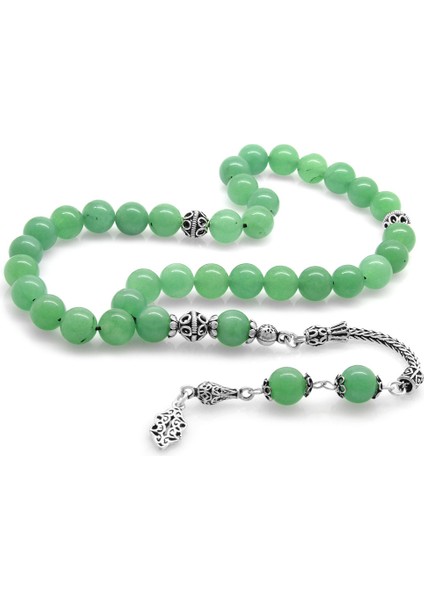 925 Ayar Gümüş Püsküllü Küre Kesim Aventurin Doğaltaş Tesbih