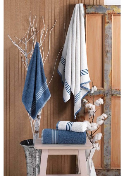 4 Lü Kadın Erkek Banyo Havlusu Takımı Oscar Mavi Krem modelleri