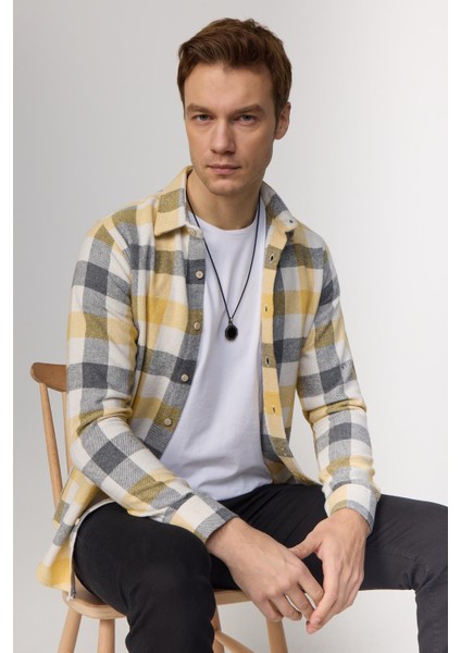 Slim Fit Dar Kesim Kareli Oduncu Sarı-Beyaz Erkek Gömlek fiyatları