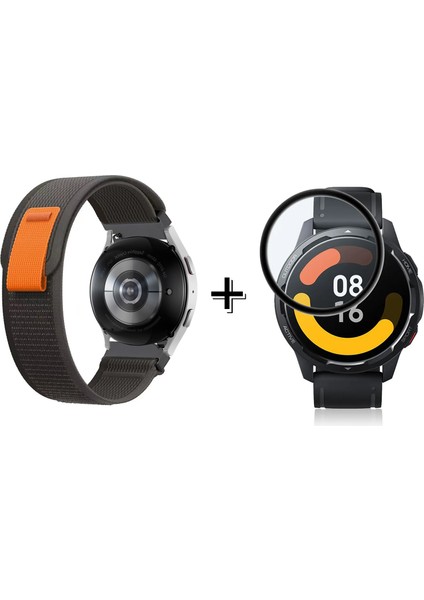 Xiaomi Watch S1 Cırtlı Hasır Kumaş Kordon Kayış + Ekran Koruma Filmi