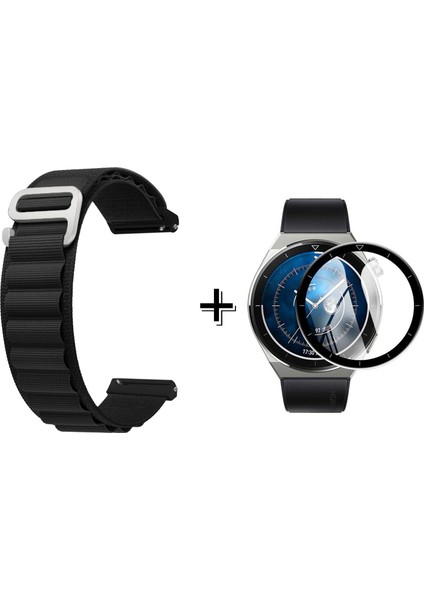 Huawei Watch Gt3 Pro Kancalı Kumaş Kordon Kayış + Ekran Koruma Filmi