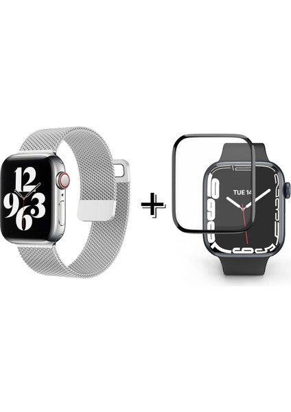 Apple Watch 8 45MM Için Metal Mıknatıslı Kordon Kayış + Ekran Koruma Filmi - FC157