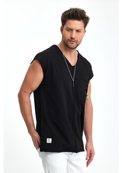 Düşük Omuz Cep Detaylı Oversize V Yaka Atlet