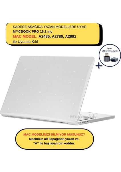 Macbook Pro Kılıf 16 inç M1-M2-M3 Simli Kristal Star (Touchbarsız 16.2" Pro) A2485 A2780 A2991 ile Uyumlu