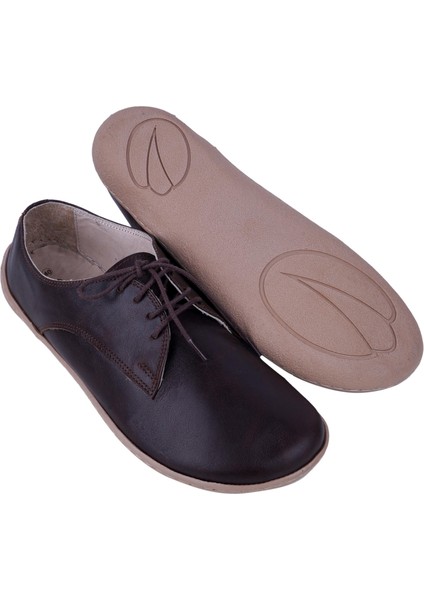 Bayan Koyu Kahverengi Oxford Stil Barefoot Ayakkabı, Taraklı Ayakkabı, 100% El Yapımı ve Napa Deri