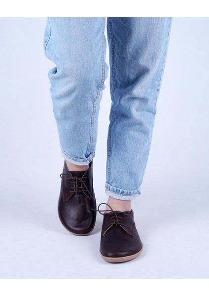 Bayan Koyu Kahverengi Oxford Stil Barefoot Ayakkabı, Taraklı Ayakkabı, 100% El Yapımı ve Napa Deri modelleri