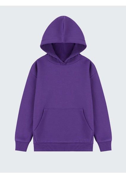 Erkek Fit Kapüşonlu Kanguru Cep Mor Sweatshirt