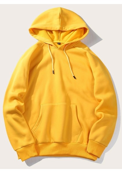 Erkek Fit Kapüşonlu Kanguru Cep Sarı Sweatshirt