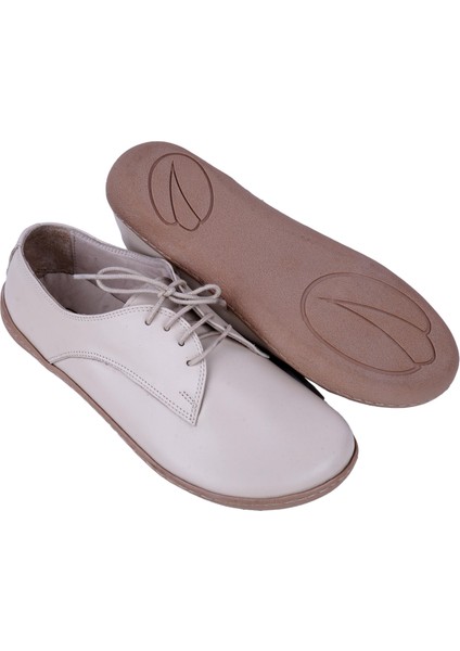 Bayan Bej Oxford Stil Barefoot Ayakkabı, Taraklı Ayakkabı, 100% El Yapımı ve Napa Deri