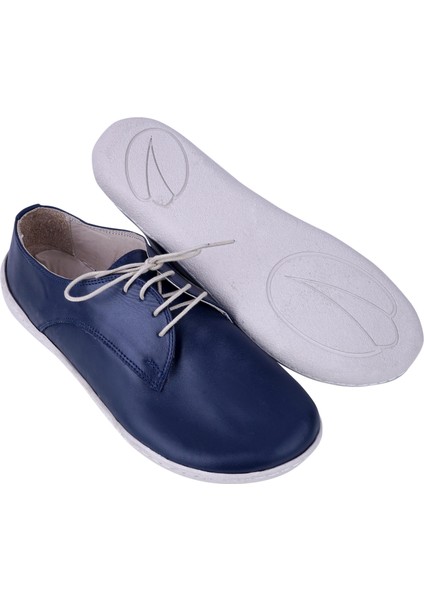 Bayan Lacivert Oxford Stil Barefoot Ayakkabı, Taraklı Ayakkabı, 100% El Yapımı ve Napa Deri