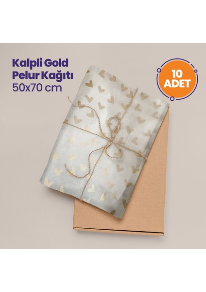 Hediye Paketi Kalpli Gold Pelur Kağıdı 50 x 70 cm 10 Adet