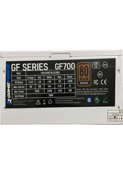 GF700 Beyaz 700W 80+ Bronz Sertifikalı Güç Kaynağı