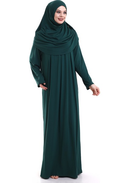 Ihvan Online Zümrüt Yeşili Tek Parça Pratik Başörtülü Robalı Namaz Elbisesi 8015