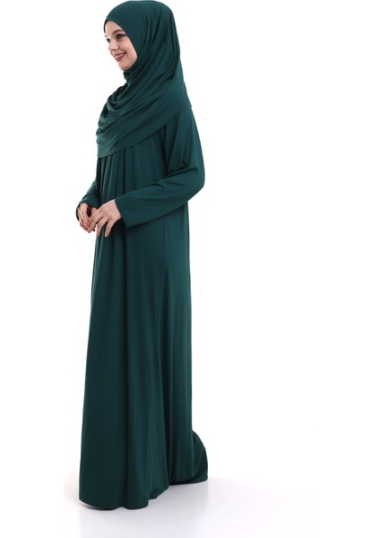 Ihvan Online Zümrüt Yeşili Tek Parça Pratik Başörtülü Robalı Namaz Elbisesi 8015