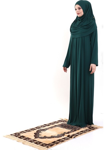 Ihvan Online Zümrüt Yeşili Tek Parça Pratik Başörtülü Robalı Namaz Elbisesi 8015