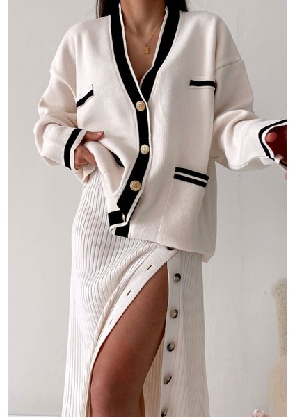 Kadın Çift Cepli Çizgili Düğmeli Oversize Hırka modelleri