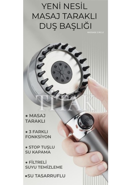 Tekno Trust Yeni Nesil Masajlı Filtreli Stop Tuşlu 3 Fonksiyonlu Su Tasarruflu Basınçlı Duş Başlığı