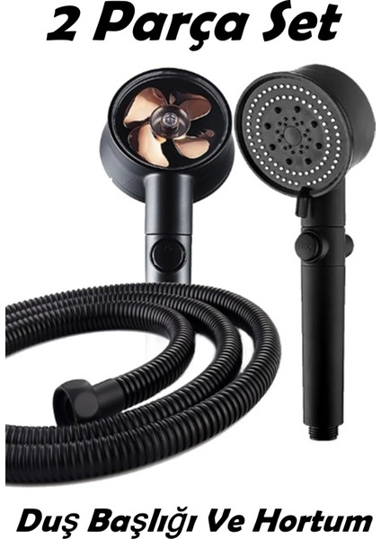 Tekno Trust Turbo Pervaneli 5 Fonksiyonlu Duş Başlığı ve Siyah Duş Hortumu 150 cm Set
