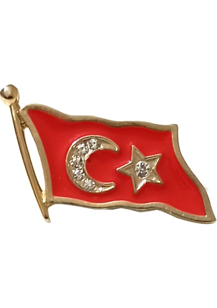Ay Yıldız Ortası Taş Süslemeli Gold Renk Türk Bayrağı Metal Yaka Rozeti 1 Adet
