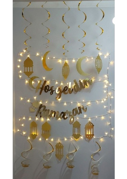 10'lu Tavan Süs ve Hoşgeldin Ramazan Bannner ve LED Işık Ramazan Ayı Süsleme Seti