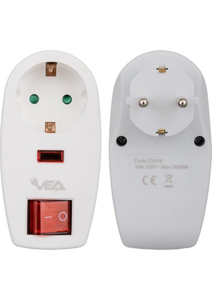 Vea VE-22419 16 Amper - 3500 Watt LED Göstergeli Anahtarlı Tekli Akım Korumalı Priz fiyatları