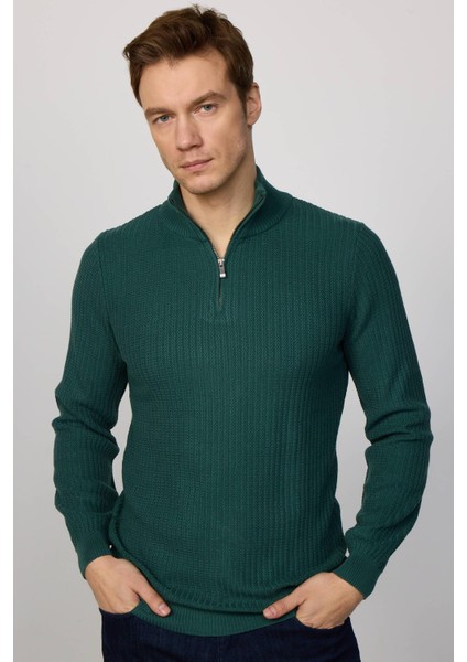 Slim Fit Dar Kesim Dik Yaka Fermuarlı Desenli Yeşil Erkek Triko Kazak