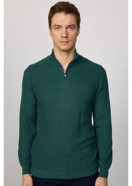 Slim Fit Dar Kesim Dik Yaka Fermuarlı Desenli Yeşil Erkek Triko Kazak modelleri