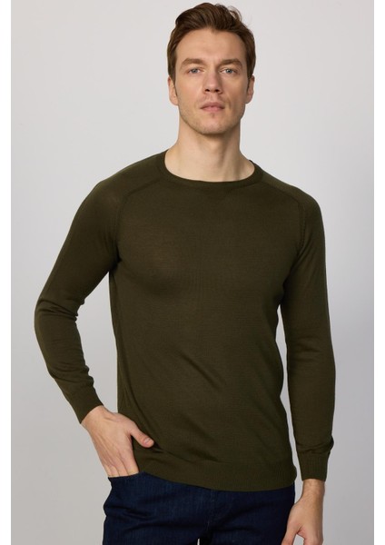 Slim Fit Dar Kesim Bisiklet Yaka Düz Yün Erkek Kazak