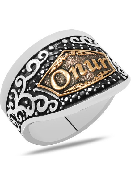 Siyah Zirkon Taşlı Mıhlamalı Kişiye Özel Isim Yazılı 925 Ayar Gümüş Erkek Okçu (Zihgir) Yüzüğü