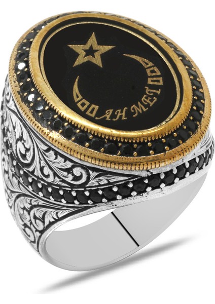 Ayyıldız Tasarım Kişiye Özel Isim Yazılı Mineli 925 Ayar Gümüş Erkek Yüzük