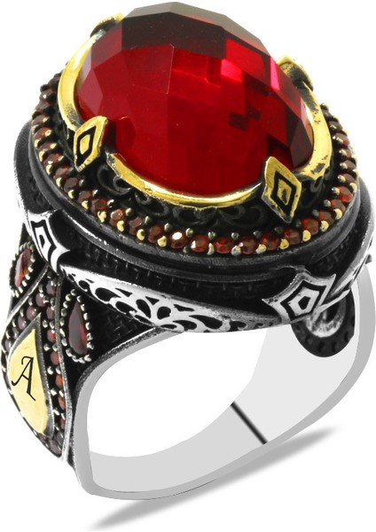 Faset Kırmızı Zirkon Taşlı Kral Tacı Tasarım Kişiye Özel Isim/harf Yazılı 925 Ayar Gümüş Erkek Yüzük