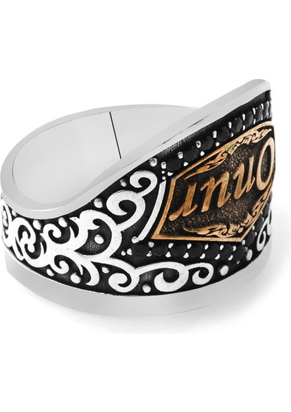 Siyah Zirkon Taşlı Mıhlamalı Kişiye Özel Isim Yazılı 925 Ayar Gümüş Erkek Okçu (Zihgir) Yüzüğü fiyatları