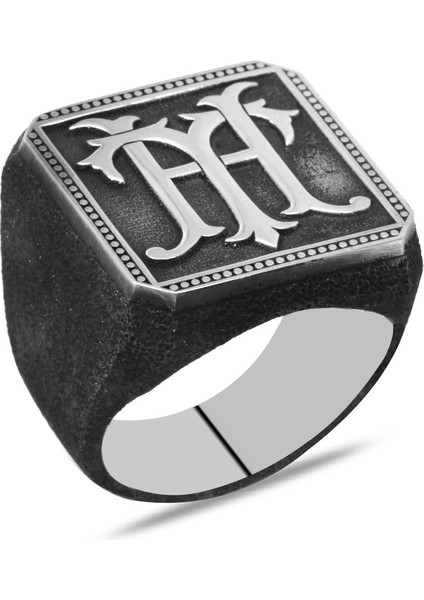 Kare Tasarım Kişiye Özel Harf Yazılı 925 Ayar Gümüş Erkek Yüzük