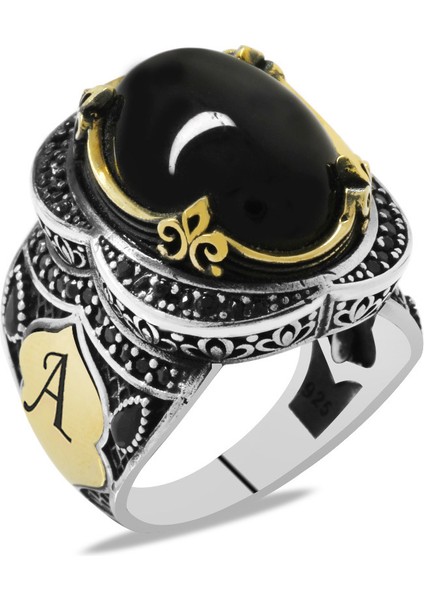 Siyah Oniks Taşlı Oval Tasarım Kişiye Özel Isim/harf Yazılı 925 Ayar Gümüş Erkek Yüzük