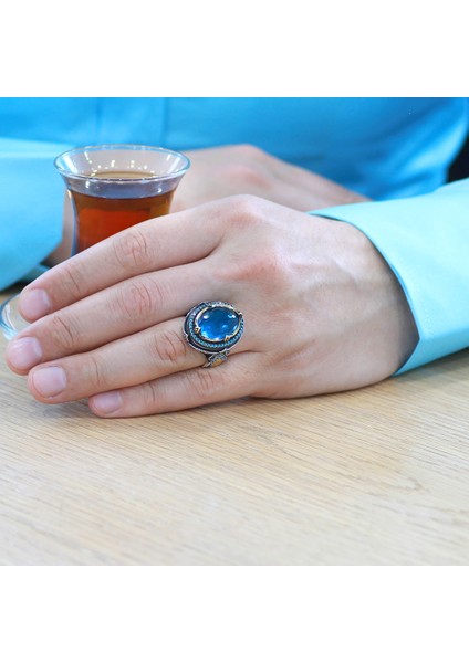 Faset Aqua Zirkon Taşlı Kral Tacı Tasarım Kişiye Özel Isim/harf Yazılı 925 Ayar Gümüş Erkek Yüzük modelleri