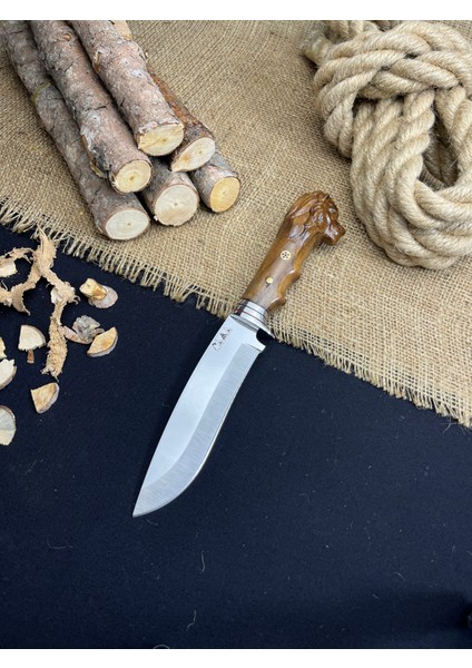 El Yapımı Doğa Spor Outdoor Bushcraft 28 cm Aslan Başlı Yatağan Kamp Mutfak Bıçağı Deri Kılıflı