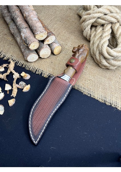 El Yapımı Doğa Spor Outdoor Bushcraft 28 cm Aslan Başlı Yelkenli Kamp Mutfak Bıçağı Deri Kılıflı