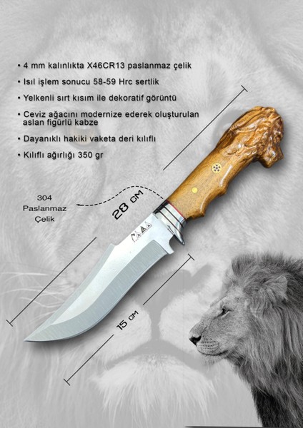 El Yapımı Doğa Spor Outdoor Bushcraft 28 cm Aslan Başlı Yelkenli Kamp Mutfak Bıçağı Deri Kılıflı