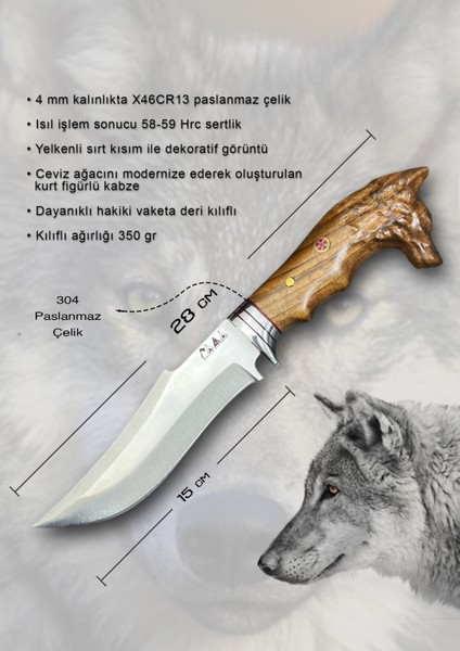 El Yapımı Doğa Spor Outdoor Bushcraft 28 cm Kurt Başlı Yelkenli Kamp Mutfak Bıçağı Deri Kılıflı