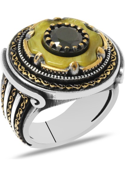 Zirkon&kehribar Kombinli Dönen Çark Tasarım 925 Ayar Gümüş Erkek Yüzük