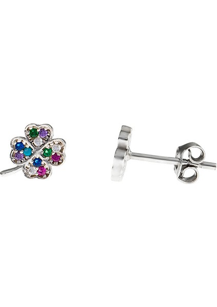 Multicolor Zirkon Taşlı Yonca Yaprağı Tasarım 925 Ayar Gümüş Kadın Küpe