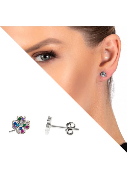 Multicolor Zirkon Taşlı Yonca Yaprağı Tasarım 925 Ayar Gümüş Kadın Küpe