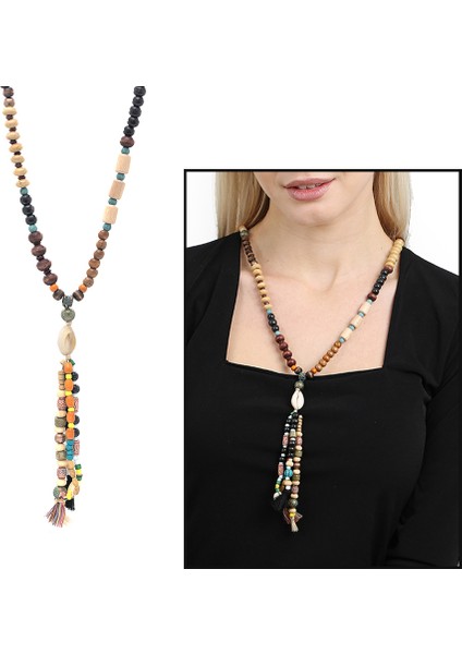 El Yapımı Etnik Ahşap Kombinli Siyah Renk Geçişli Deniz Kabuğu Detaylı Otantik Kolye fiyatları