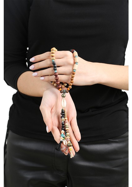 El Yapımı Etnik Ahşap Kombinli Siyah Renk Geçişli Deniz Kabuğu Detaylı Otantik Kolye modelleri