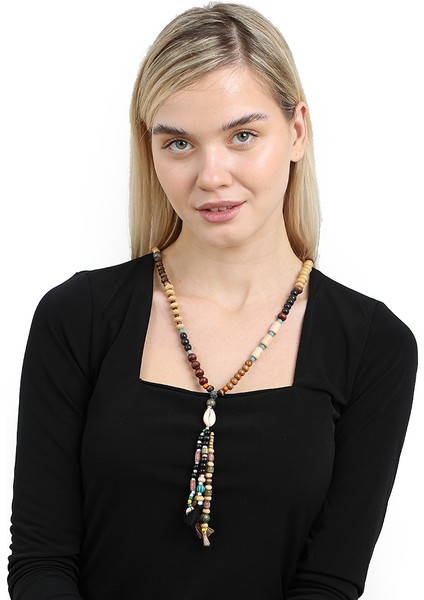 El Yapımı Etnik Ahşap Kombinli Siyah Renk Geçişli Deniz Kabuğu Detaylı Otantik Kolye fırsatları