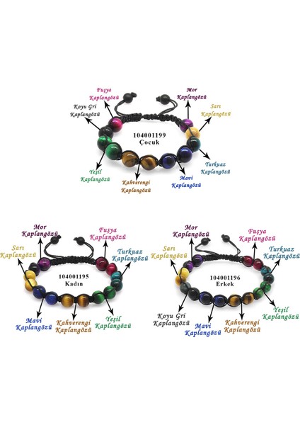 Ergenekon Aksesuar Makrome Örgülü Küre Kesim Kaplangözü Doğaltaş Kombinli Kadın-Erkek-Çocuk Enerji Bilekliği(3lü Set)