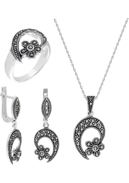Zirkon Taşlı Çiçek 925 Ayar Gümüş 3'lü Takı Seti modelleri