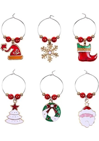 6 Adet Ağaç Noel Baba Şekli Şarap Cam Dekoratif Yüzükler Noel Temalı Kadeh Kolye Ev Partisi Damla Süsler (Yurt Dışından)